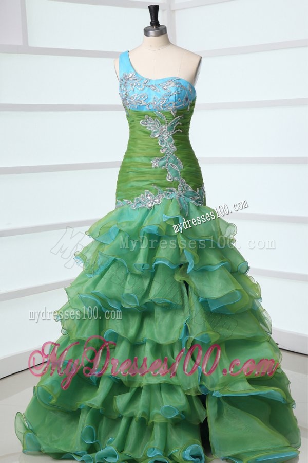 Cute A-Line One Shoulder Organza Beading and Ruffled Layers Green Evening Dress with High-low