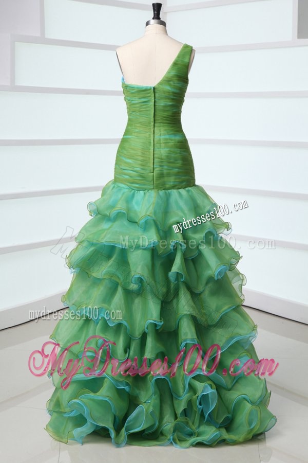 Cute A-Line One Shoulder Organza Beading and Ruffled Layers Green Evening Dress with High-low