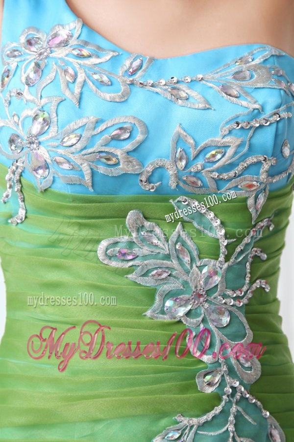 Cute A-Line One Shoulder Organza Beading and Ruffled Layers Green Evening Dress with High-low