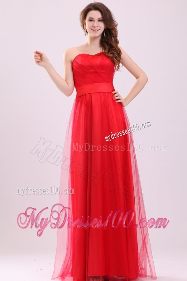 Cute Empire Sweetheart Red Floor-length Tulle Evening Dress with Ruching