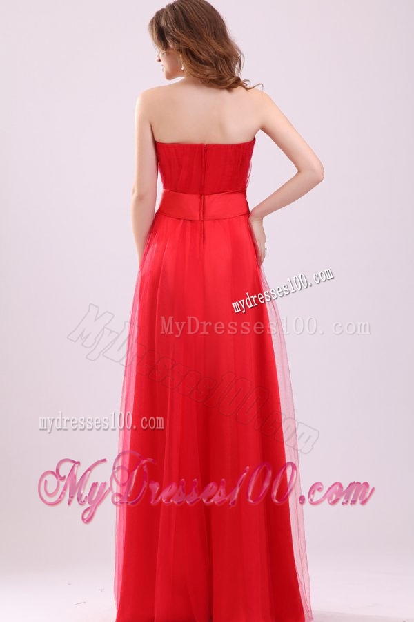 Cute Empire Sweetheart Red Floor-length Tulle Evening Dress with Ruching