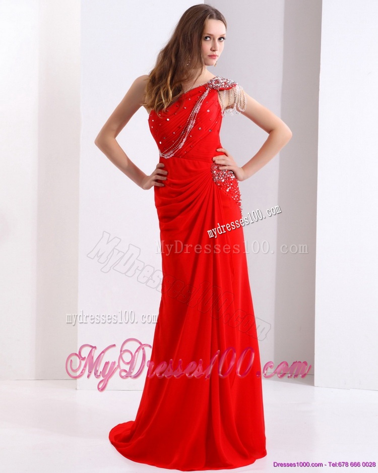Elegant 2016 One Shoulder Red Brush Train Evening Dress with Beading