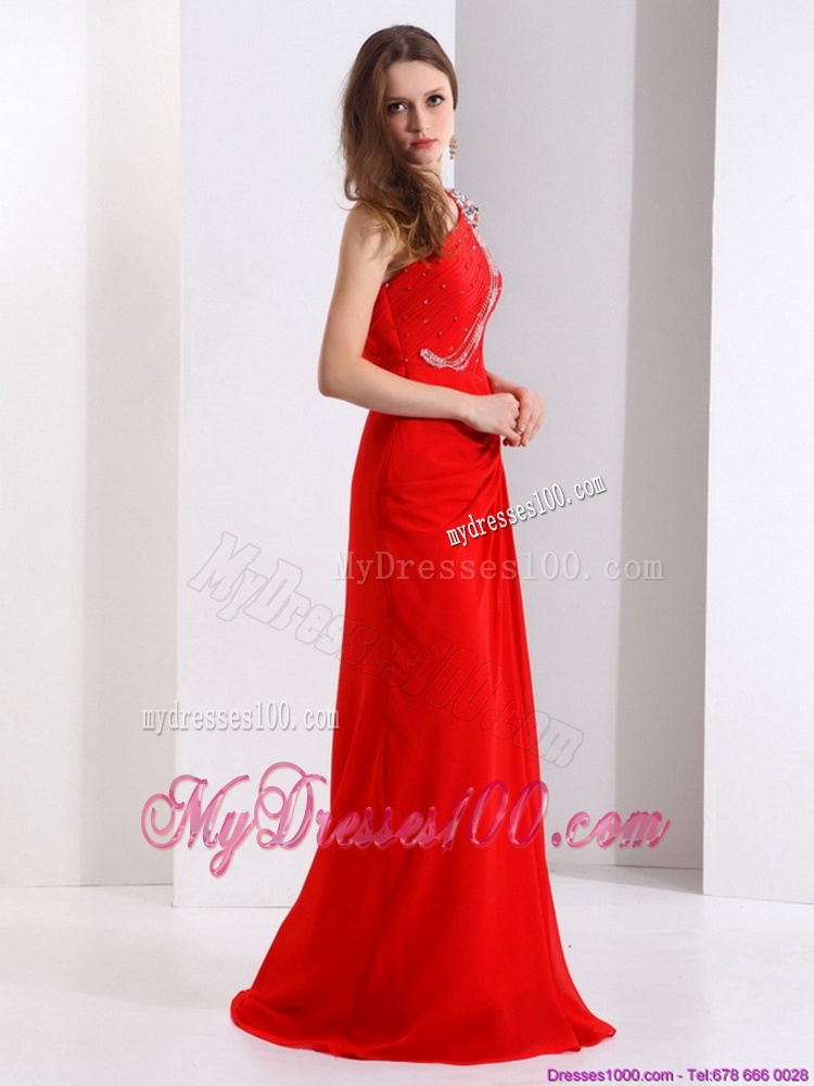 Elegant 2016 One Shoulder Red Brush Train Evening Dress with Beading