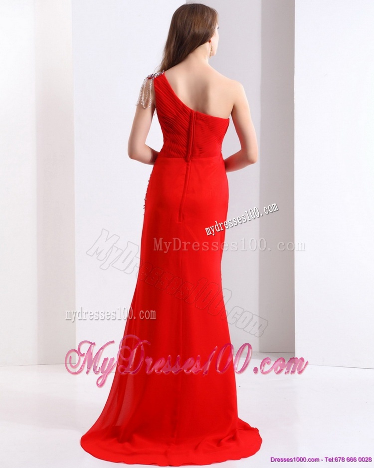 Elegant 2016 One Shoulder Red Brush Train Evening Dress with Beading