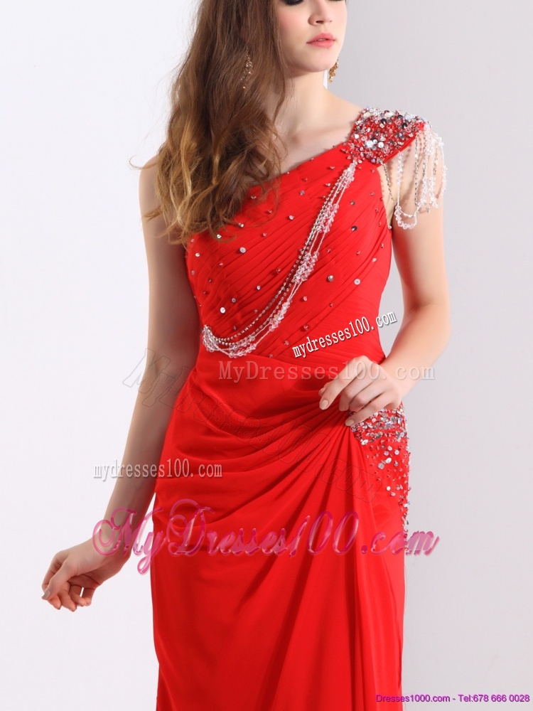 Elegant 2016 One Shoulder Red Brush Train Evening Dress with Beading