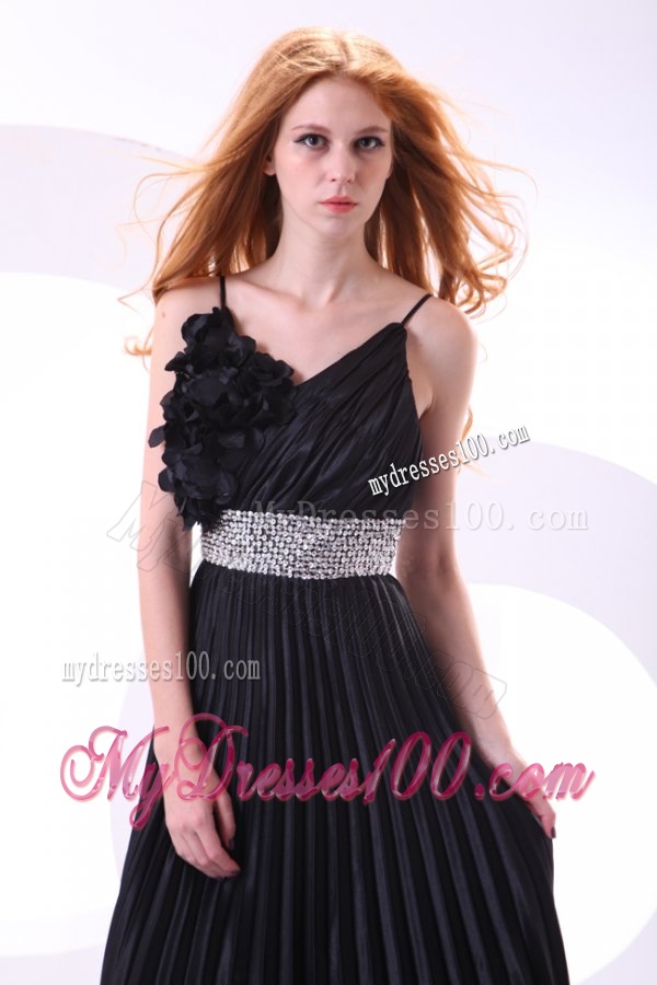 Empire Black Spaghetti Straps Long Pleats and Beading Evening Dress