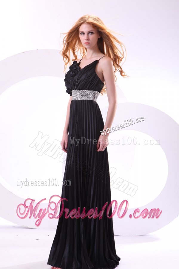 Empire Black Spaghetti Straps Long Pleats and Beading Evening Dress