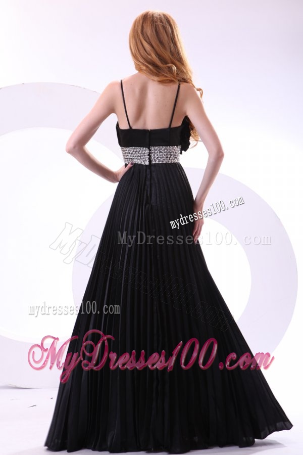 Empire Black Spaghetti Straps Long Pleats and Beading Evening Dress