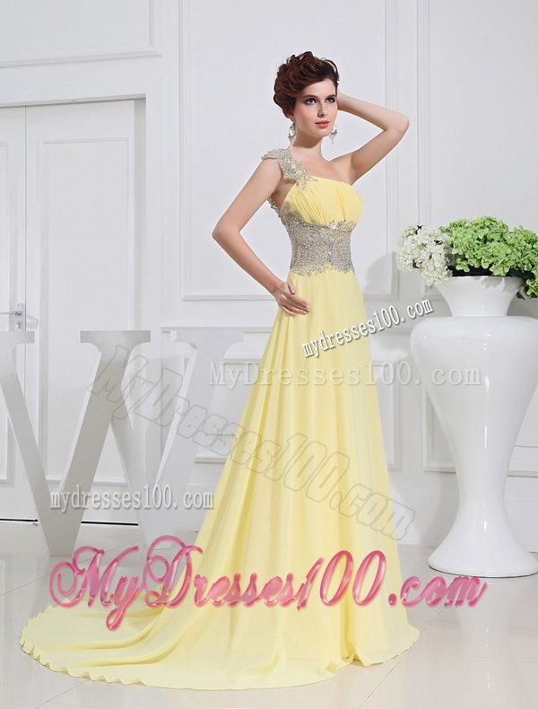 Empire Court Train Yellow Beading One Shoulder Evening Dress
