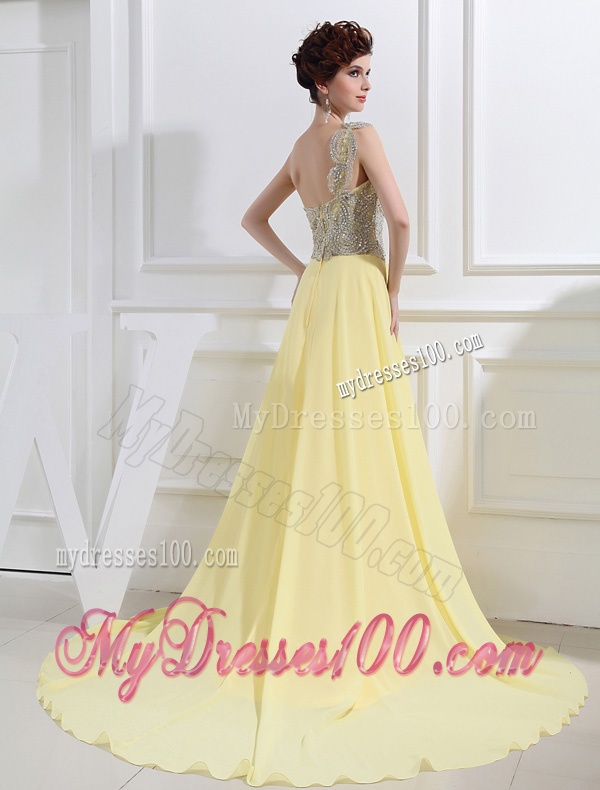 Empire Court Train Yellow Beading One Shoulder Evening Dress