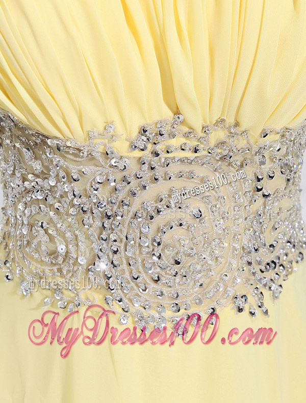Empire Court Train Yellow Beading One Shoulder Evening Dress