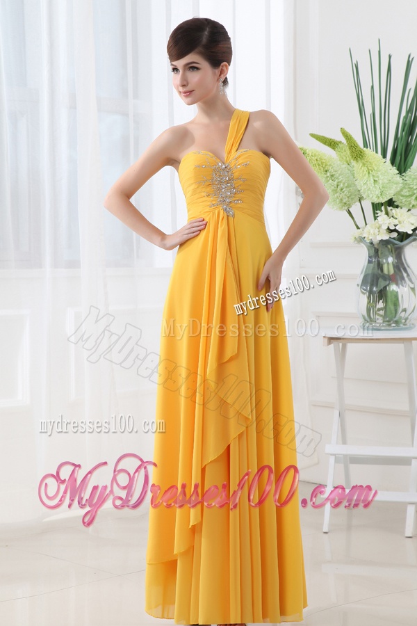 Empire Gold One Shoulder Beading and Ruching Chiffon Evening Dress