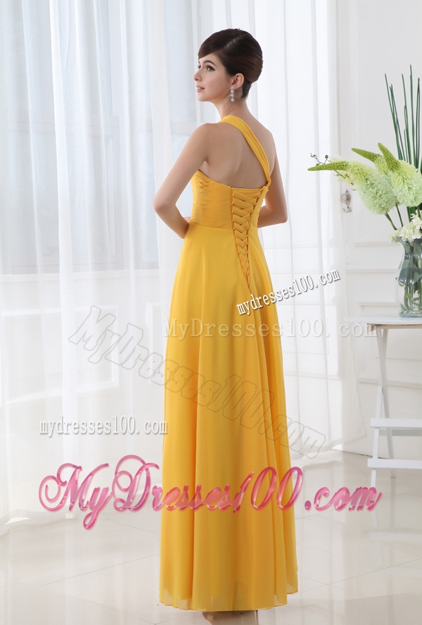 Empire Gold One Shoulder Beading and Ruching Chiffon Evening Dress