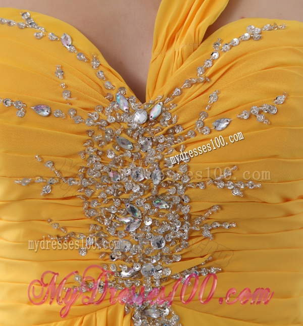 Empire Gold One Shoulder Beading and Ruching Chiffon Evening Dress