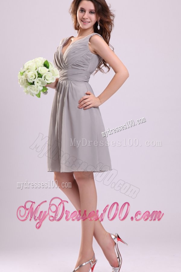 Empire Gray V-neck Ruching Chiffon Knee-length Evening Dress
