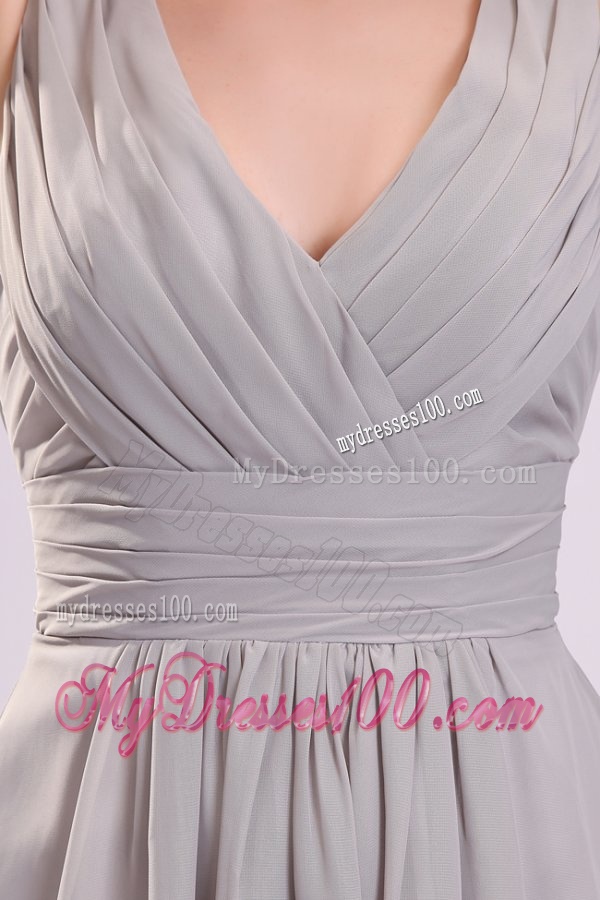 Empire Gray V-neck Ruching Chiffon Knee-length Evening Dress