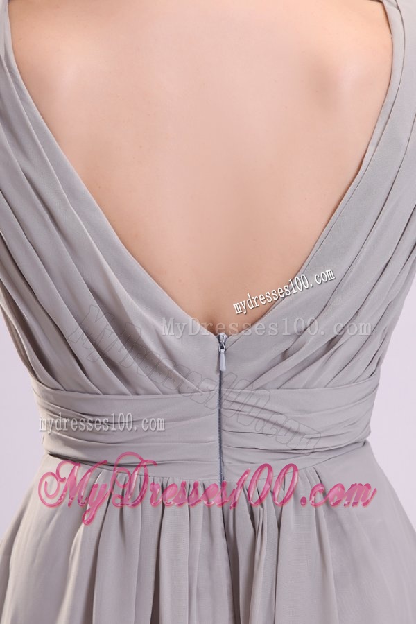 Empire Gray V-neck Ruching Chiffon Knee-length Evening Dress