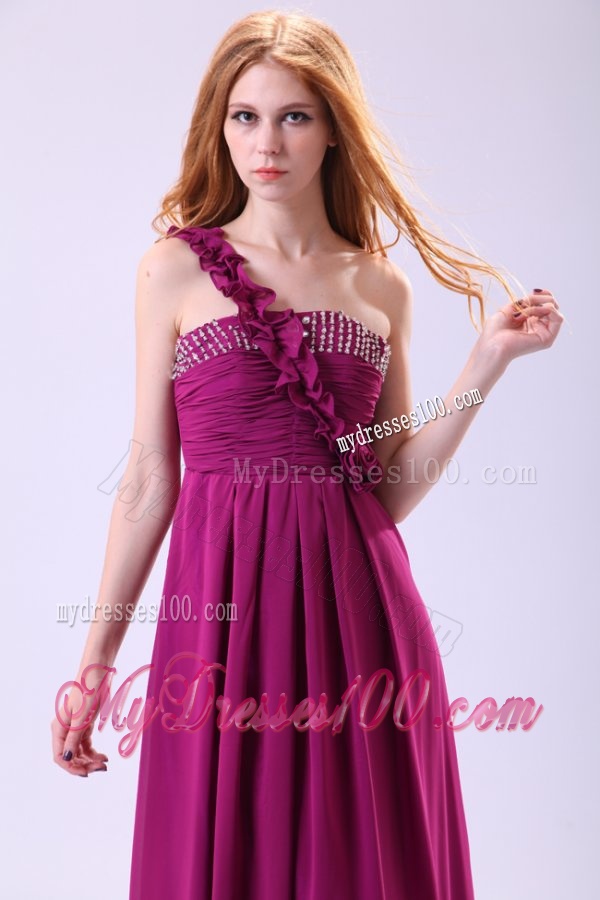 Empire One Shoulder Ankle-length Chiffon Purple Beading Evening Dress