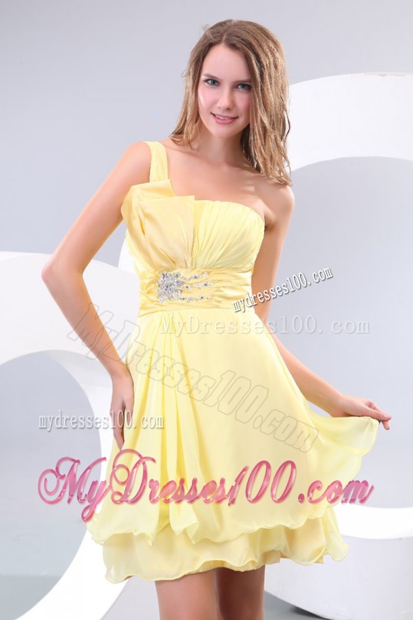 Empire One Shoulder Beading Chiffon Short Evening Dress in Light Yellow