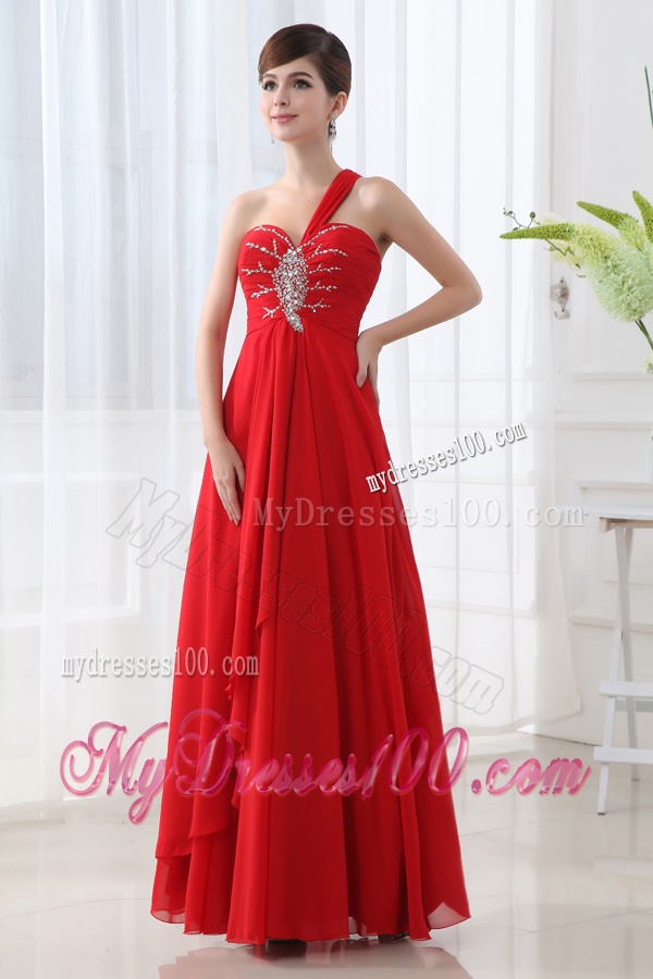 Empire One Shoulder Beading and Ruching Long Red Evening Dress