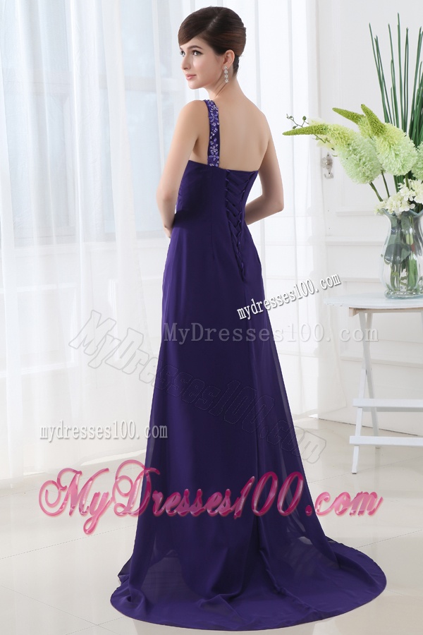 Empire One Shoulder Brush Train Appliques Purple Evening Dress