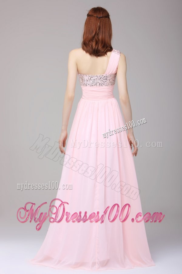 Empire One Shoulder Chiffon Beading Brush Train Evening Dress in Baby Pink