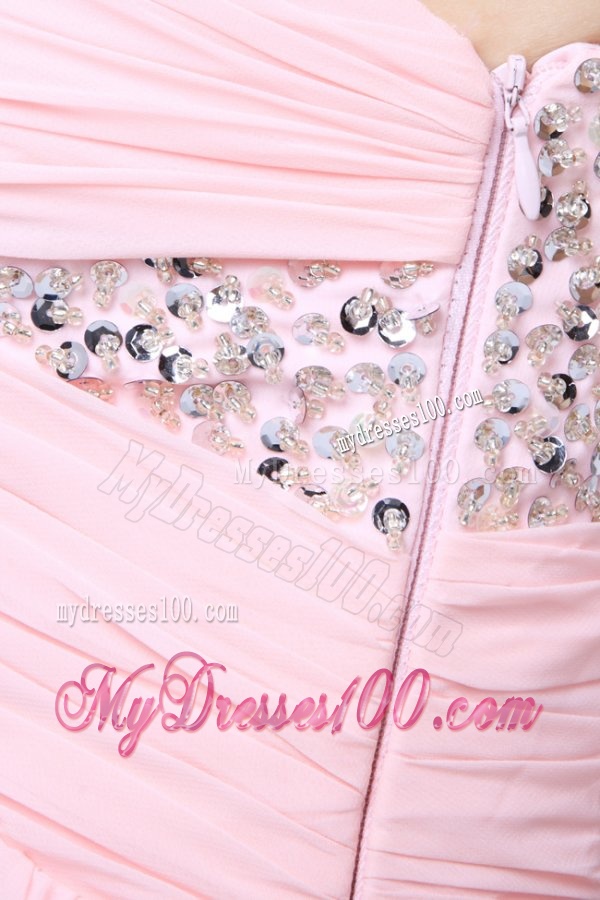 Empire One Shoulder Chiffon Beading Brush Train Evening Dress in Baby Pink