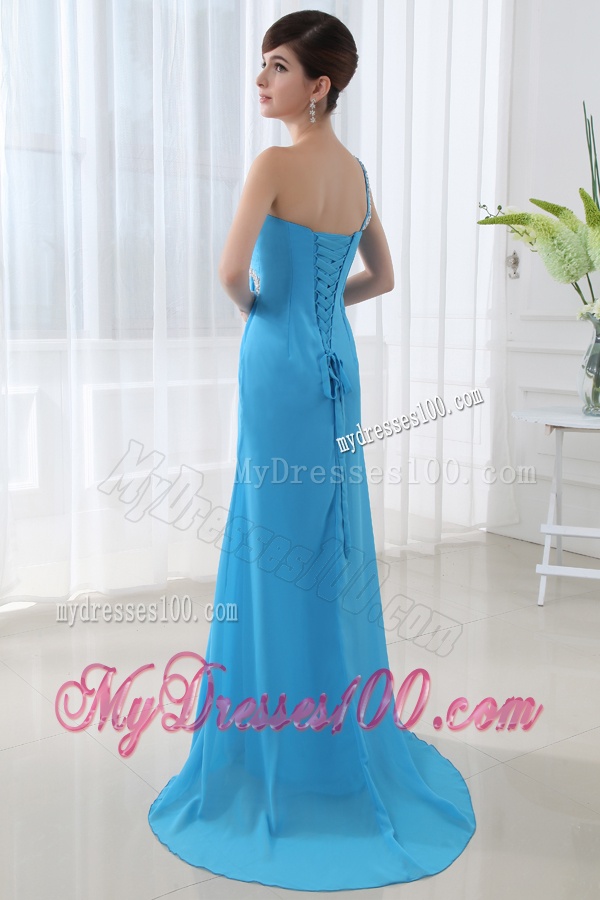 Empire One Shoulder High Slit Aqua Blue Evening Dress with Ruching and Beading