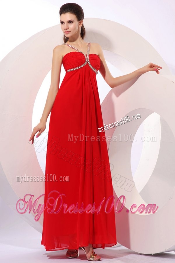 Empire One Shoulder Red Beading Chiffon 2015 Evening Dress