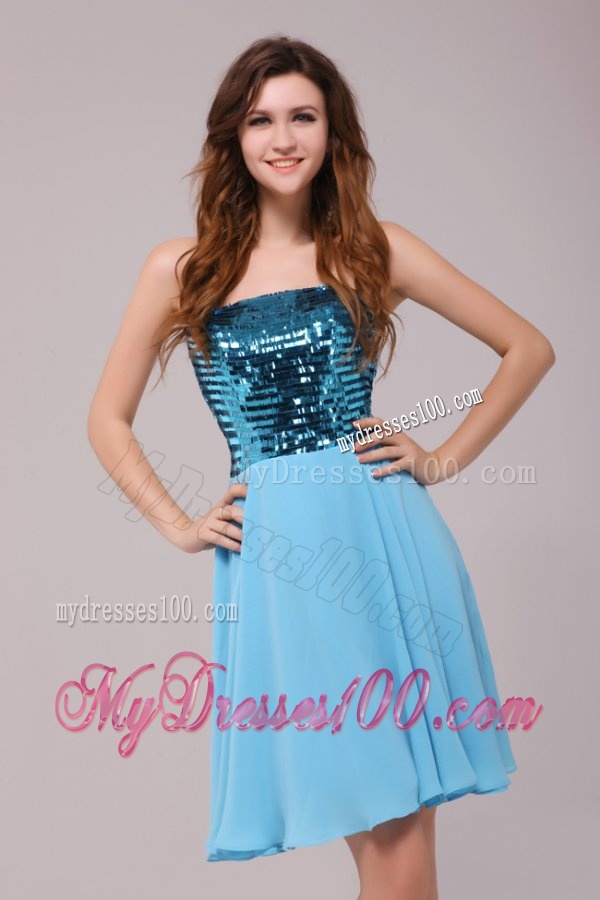 Empire Sequins Strapless Knee-length Light Blue Evening Cocktail Dress