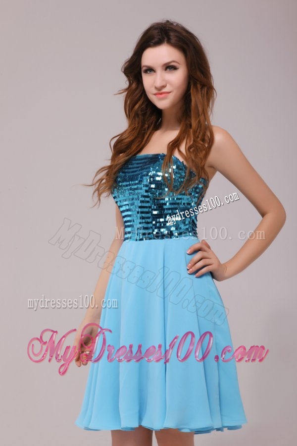 Empire Sequins Strapless Knee-length Light Blue Evening Cocktail Dress