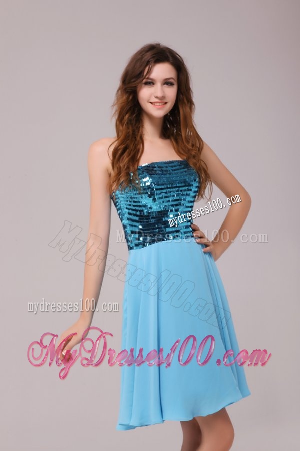 Empire Sequins Strapless Knee-length Light Blue Evening Cocktail Dress