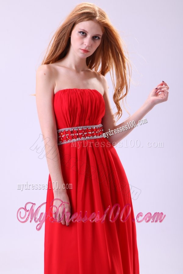 Empire Strapless Red Long Beading Chiffon Floor-length Evening Dress