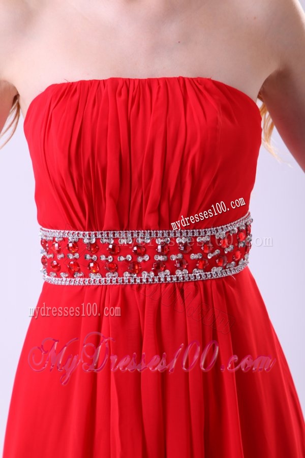 Empire Strapless Red Long Beading Chiffon Floor-length Evening Dress