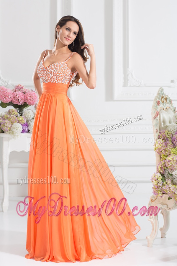 Empire Sweetheart Floor-length Beading Orange Evening Dress