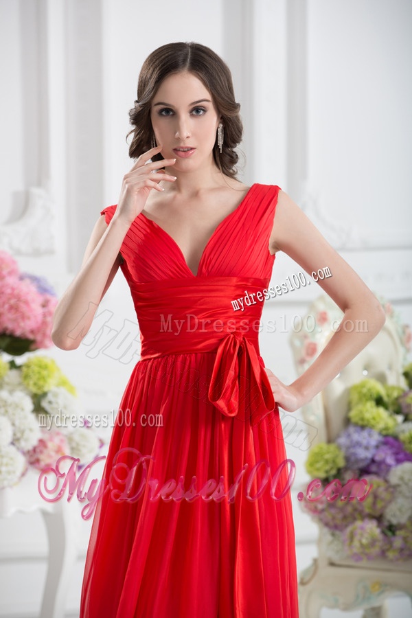 Empire V-neck Ruching Sashes Chiffon Evening Dress in Wine Red