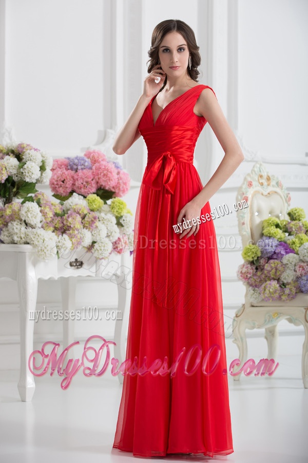 Empire V-neck Ruching Sashes Chiffon Evening Dress in Wine Red