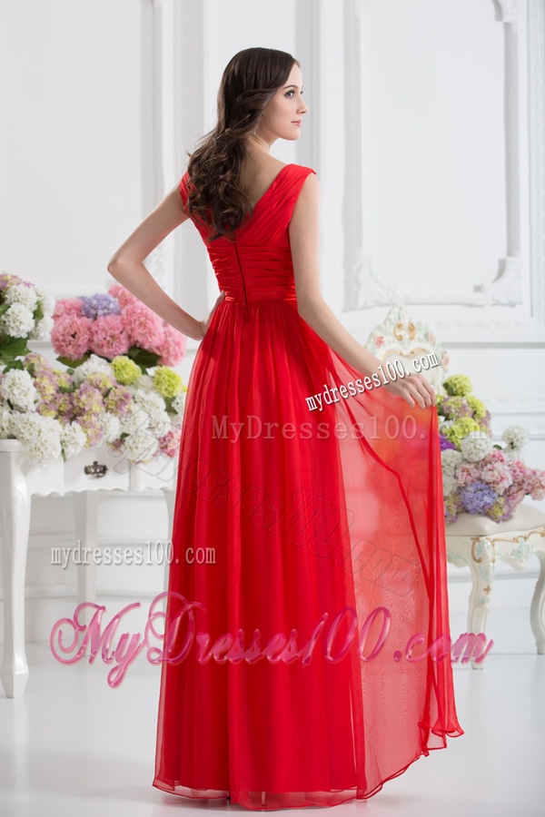Empire V-neck Ruching Sashes Chiffon Evening Dress in Wine Red