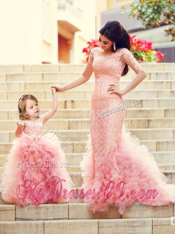 Exclusive Column Long Sleeves Evening Dress with Brush Train and Affordable Ruffled and Laced Little Girl Dress in Watermelon Red