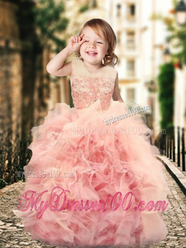 Exclusive Column Long Sleeves Evening Dress with Brush Train and Affordable Ruffled and Laced Little Girl Dress in Watermelon Red