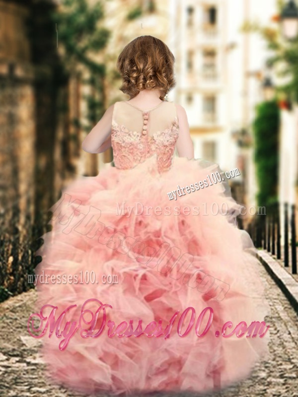 Exclusive Column Long Sleeves Evening Dress with Brush Train and Affordable Ruffled and Laced Little Girl Dress in Watermelon Red