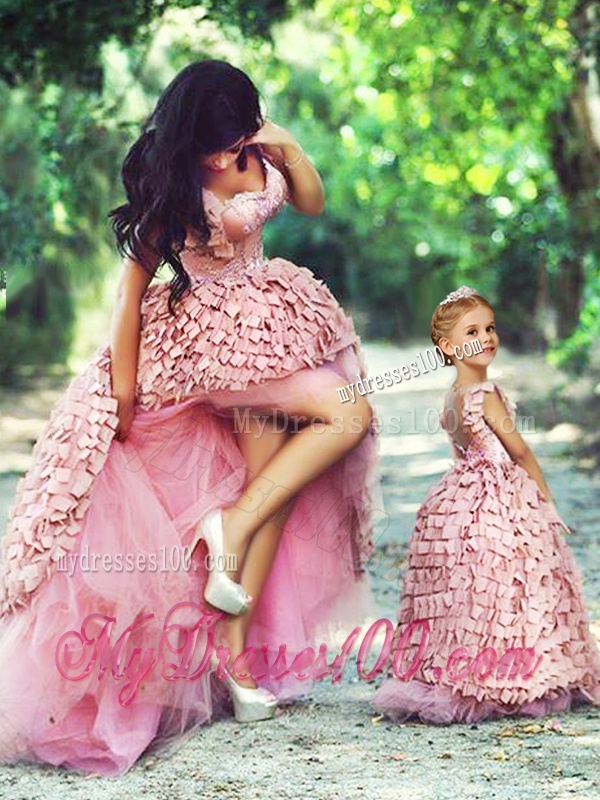 Exquisite High Low Evening Dress with Special Material and Perfect Applique Little Girl Dress with Straps