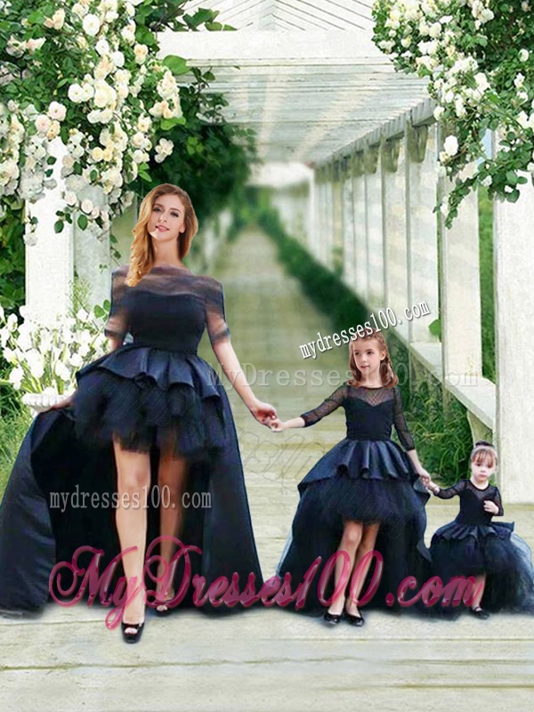 Fashionable High Low Navy Blue Evening Dress with Bateau and Gorgeous See Through 3/4 Length Sleeves Little Girl Dress with Scoop and New Style High Low Tobbler Dress with Long Sleeves