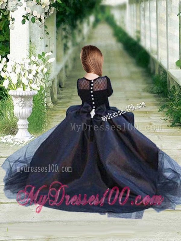 Fashionable High Low Navy Blue Evening Dress with Bateau and Gorgeous See Through 3/4 Length Sleeves Little Girl Dress with Scoop and New Style High Low Tobbler Dress with Long Sleeves