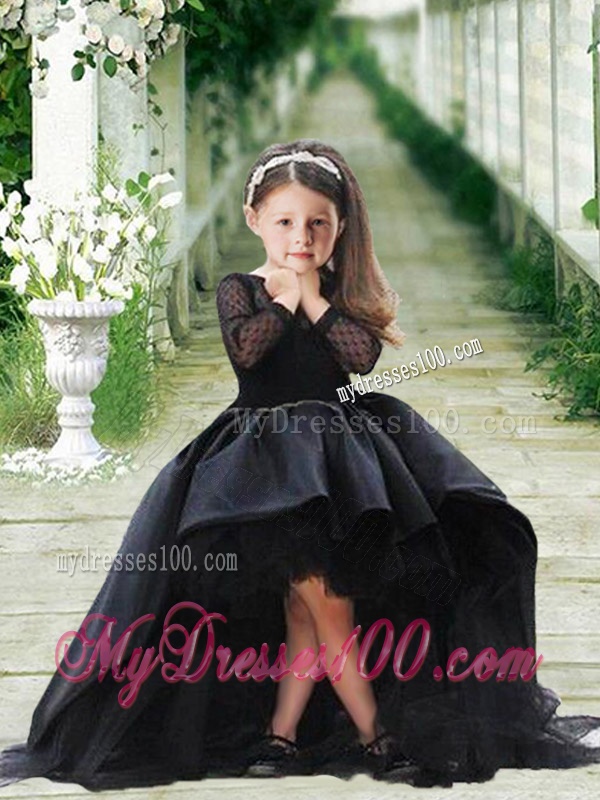 Fashionable High Low Navy Blue Evening Dress with Bateau and Gorgeous See Through 3/4 Length Sleeves Little Girl Dress with Scoop and New Style High Low Tobbler Dress with Long Sleeves