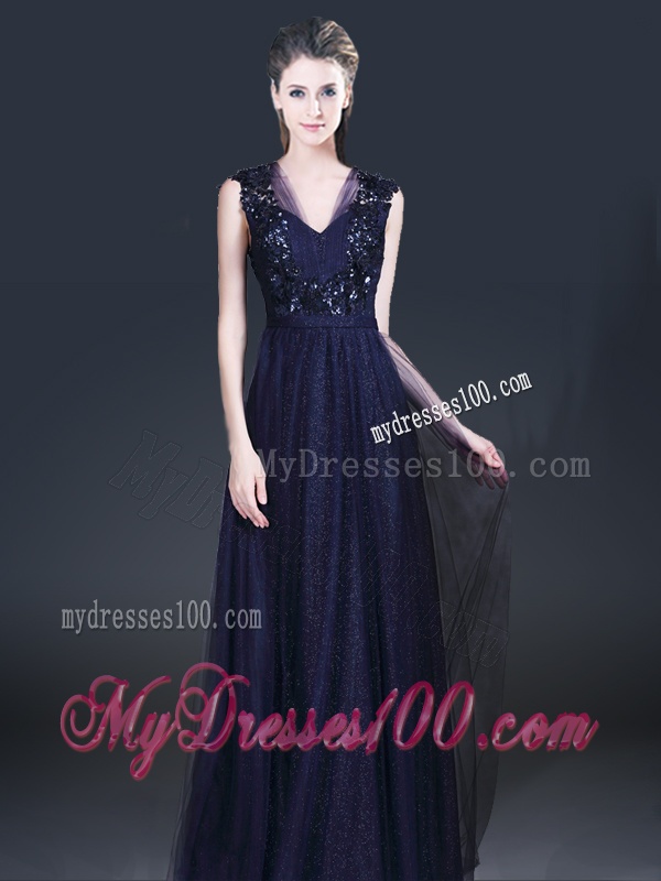 Fashionable V Neck Paillette Evening Dresses in Navy Blue