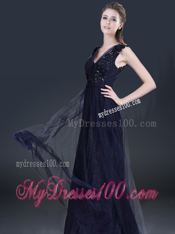 Fashionable V Neck Paillette Evening Dresses in Navy Blue