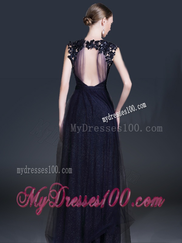 Fashionable V Neck Paillette Evening Dresses in Navy Blue