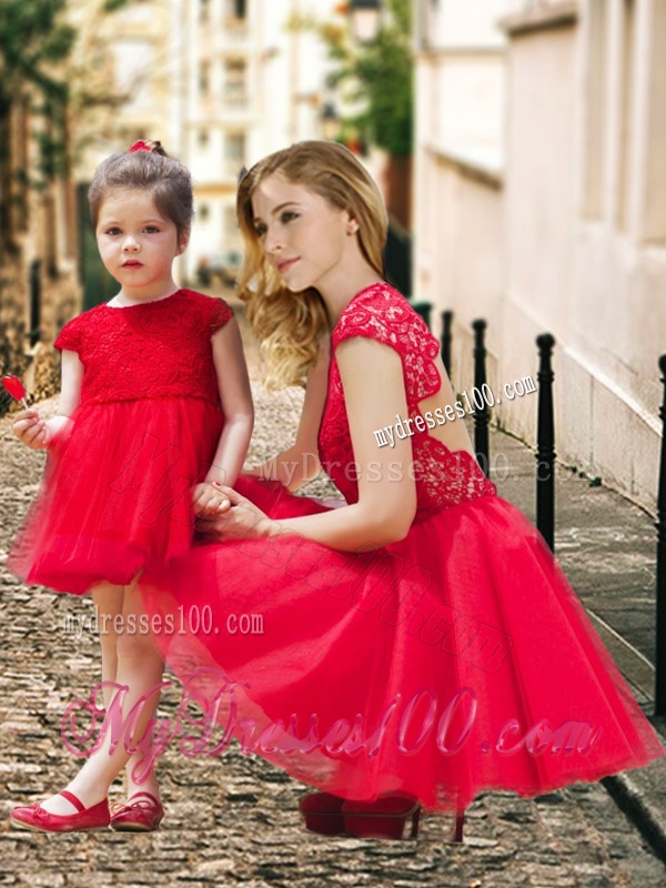 Feminine High Neck Backless Evening Dress in Red and Beautiful Mini Length Little Girl Dress with Cap Sleeves