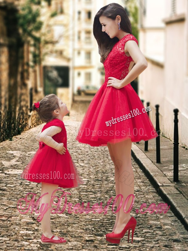 Feminine High Neck Backless Evening Dress in Red and Beautiful Mini Length Little Girl Dress with Cap Sleeves